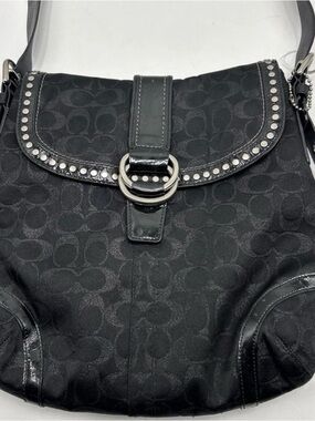 Coach Black Signature Canvas Shoulder Bag with Stud Trim